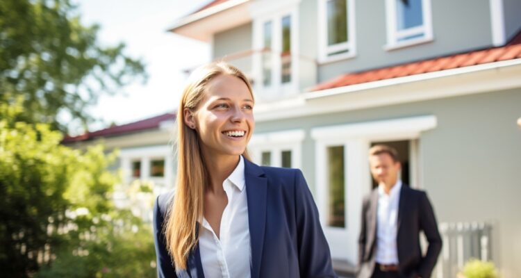une femme devant une maison souriante